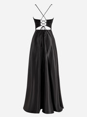 Black A-Line V-Neck Satin Prom Dress with Slit
