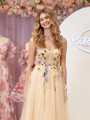 A-Line Corset Midi Prom Dress with 3D Flowers