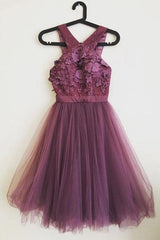 Cute A-Line Appliqued Tulle Purple Homecoming Dress