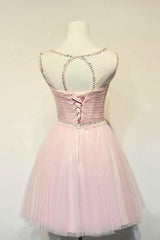 Cute A-Line Round Neck Pink Tulle Short Prom Dress Homecoming Dress
