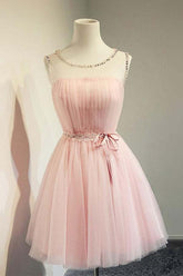 Cute A-Line Round Neck Pink Tulle Short Prom Dress Homecoming Dress