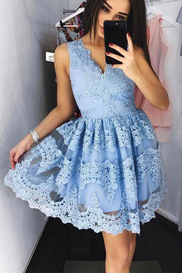 Cute Blue Lace Short Prom Dress Homecoming Dress