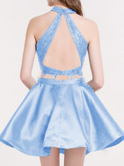 Cute Blue Two-Piece Lace Satin Short Prom Dress Homecoming Dress