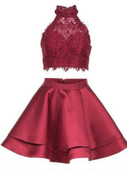 Cute Blue Two-Piece Lace Satin Short Prom Dress Homecoming Dress