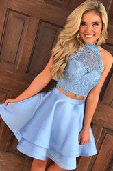 Cute Blue Two-Piece Lace Satin Short Prom Dress Homecoming Dress