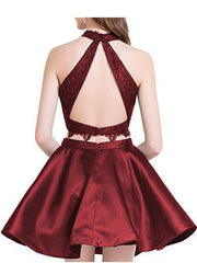 Cute Blue Two-Piece Lace Satin Short Prom Dress Homecoming Dress