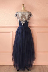 Cute Dark Blue Tulle Lace High Low Prom Dress Evening Dress
