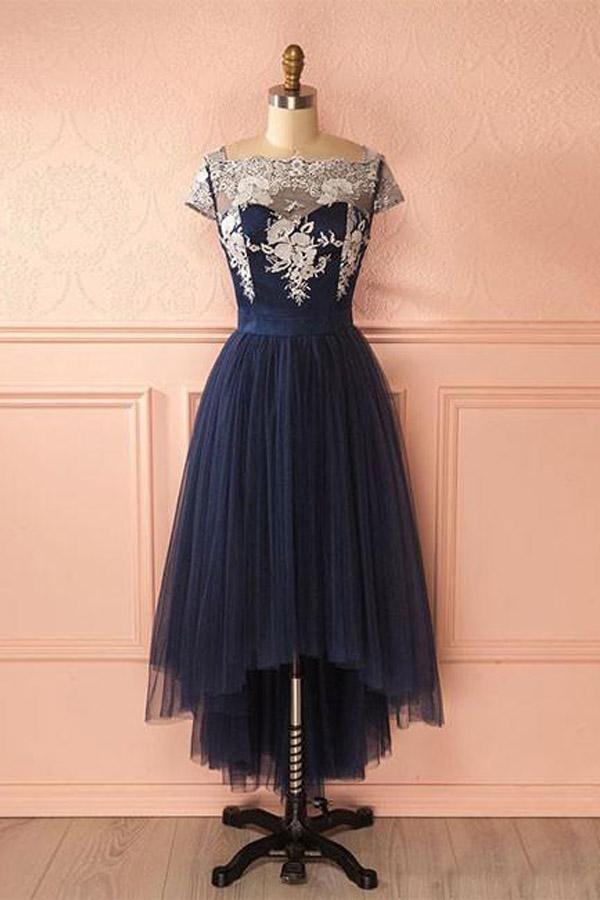Cute Dark Blue Tulle Lace High Low Prom Dress Evening Dress