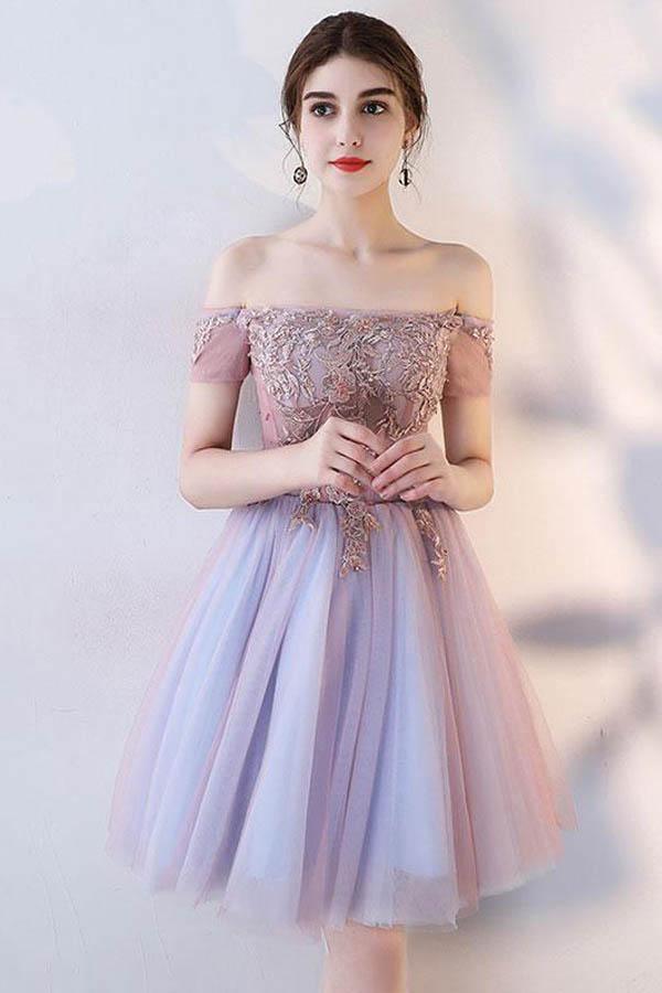 Cute Lace Off The Shoulder Tulle Short Prom Dress Homecoming Dress