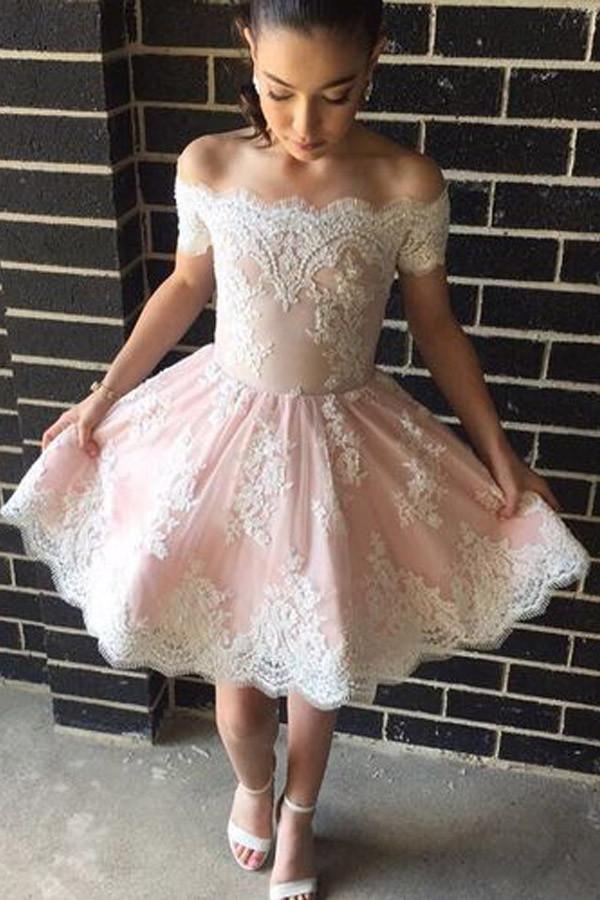Cute Off-The-Shoulder A-Line Short Pink Lace Homecoming Dress