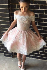Cute Off-The-Shoulder A-Line Short Pink Lace Homecoming Dress
