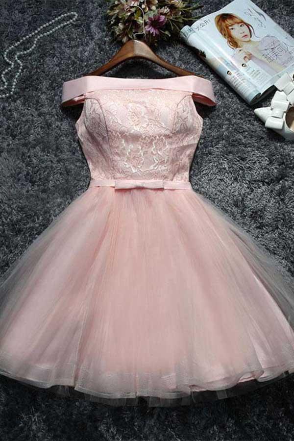 Cute Pink Lace Tulle Short Prom Dress Homecoming Dress
