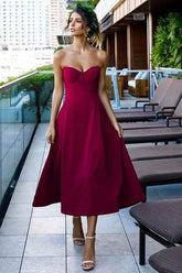 Cute Tea Length Grape Satin A-Line Sweetheart Prom Party Dress