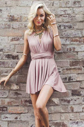 Deep V-Neck Criss-Cross Straps Short Blush Satin Homecoming Dress