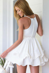 Deep V-Neck Short Ivory Sleeveless Homecoming Dress with Ruffles