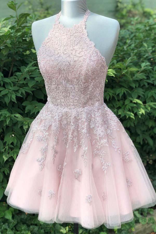 Dusty Blush Tulle Spaghetti Straps V-Neck A-Line Homecoming Dress