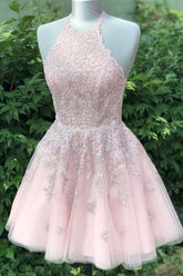 Dusty Blush Tulle Spaghetti Straps V-Neck A-Line Homecoming Dress