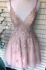 Dusty Blush Tulle Spaghetti Straps V-Neck A-Line Homecoming Dress