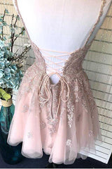 Dusty Blush Tulle Spaghetti Straps V-Neck A-Line Homecoming Dress