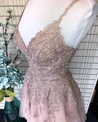Dusty Blush Tulle Spaghetti Straps V-Neck A-Line Homecoming Dress