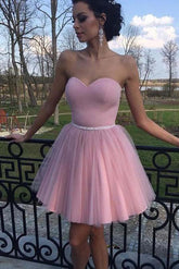 Dusty Pink Tulle Sweetheart Strapless Homecoming Dress with Beaded Sash