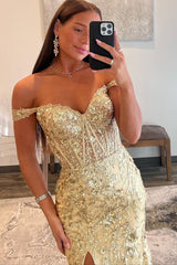 Gold Sequin Lace Off the Shoulder Mermaid Sheath Prom Dress