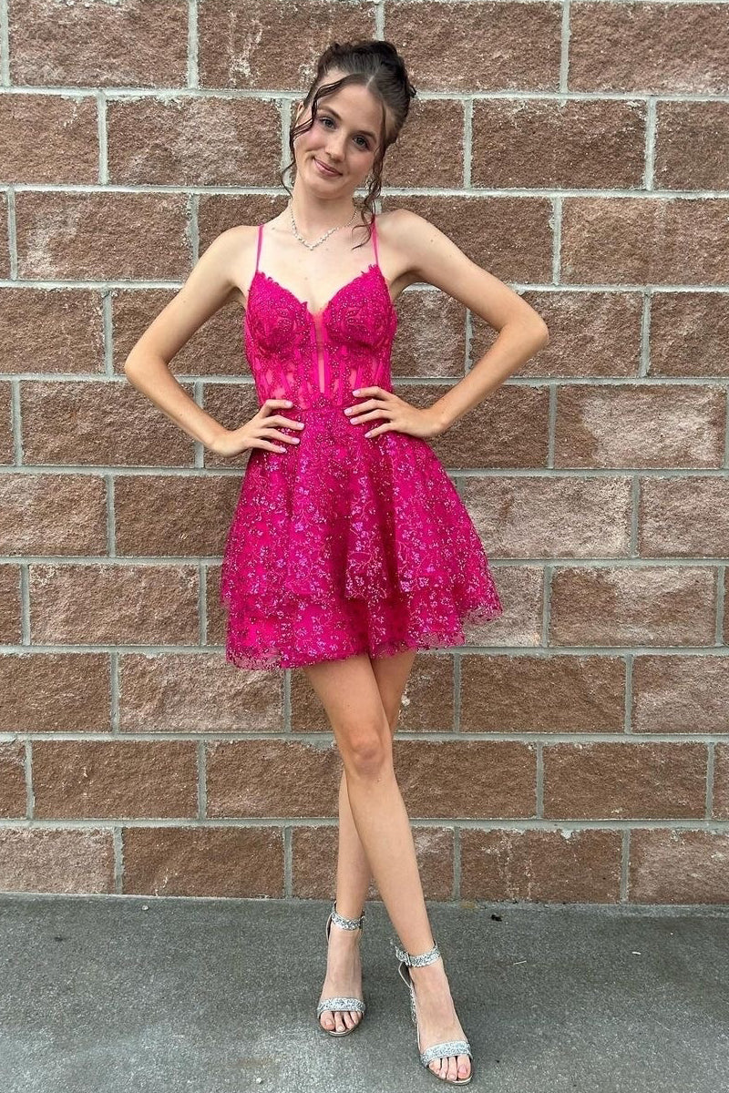 Hot Cute Pink A-Line Sequin Lace Short Homecoming Dresses