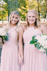 Elegant Pink Long Chiffon Bridesmaid Dress with Sash