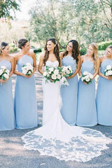 Light Blue Elegant Sheath Bridesmaid Dresses, Halter, Satin Long