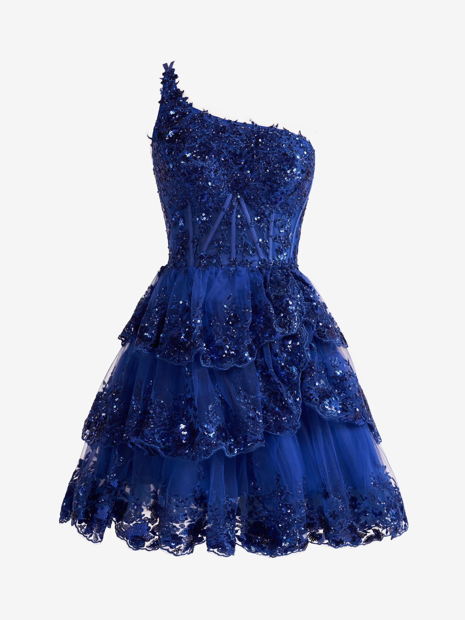 Royal Blue A Line One Shoulder Navy Ruched Lace Short Homecoming Dress