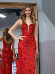 Red Bodycon Sequins Long Prom Dress with Slit