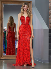 Red Bodycon Sequins Long Prom Dress with Slit