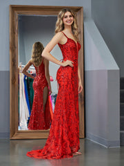 Red Bodycon Sequins Long Prom Dress with Slit