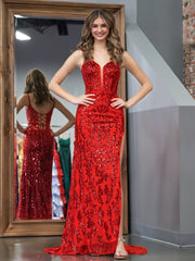 Red Bodycon Sequins Long Prom Dress with Slit