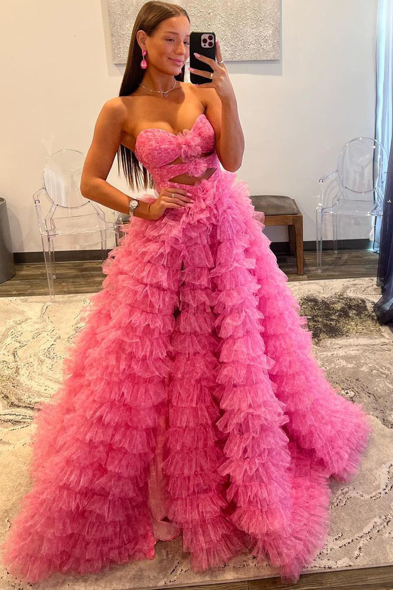 Ball Gown Sweetheart Cute Pink Ruched Printed Tulle Prom Dress