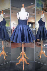 Fashion Navy Blue Spaghetti Straps Satin Homecoming Dress