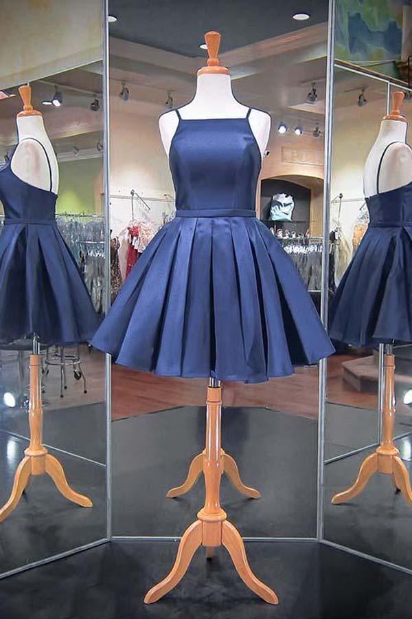 Fashion Navy Blue Spaghetti Straps Satin Homecoming Dress