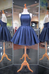 Fashion Navy Blue Spaghetti Straps Satin Homecoming Dress