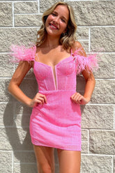 Feathers Sleeve Beaded Short Homecoming Dress