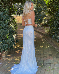 Mermaid Sheath Two Piece V Neck Sequins Prom Dress