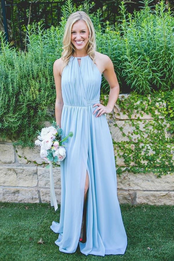 Blue Chiffon Floor-Length Sleeveless Bridesmaid Dress, High Split