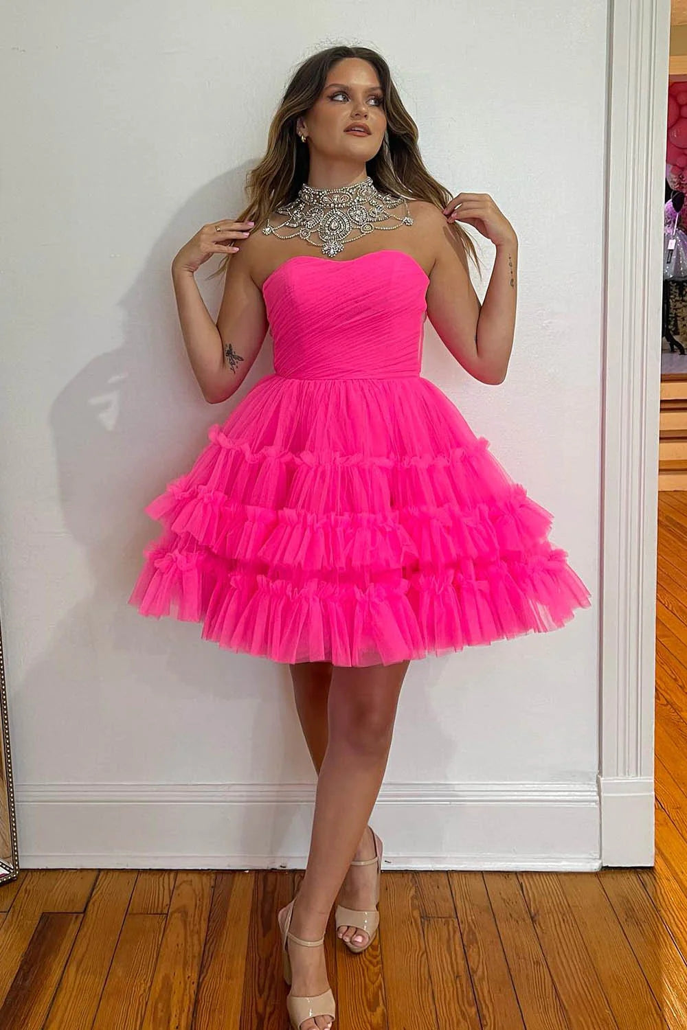 Fuchsia A-Line Sweetheart Tulle Ruched Corset Short Homecoming Dress