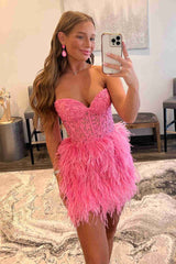 Bodycon Sweetheart Lace Feather Skirt Homecoming Dress