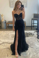 Mermaid Sheath Strapless Corset Lace Prom Dress with Slit