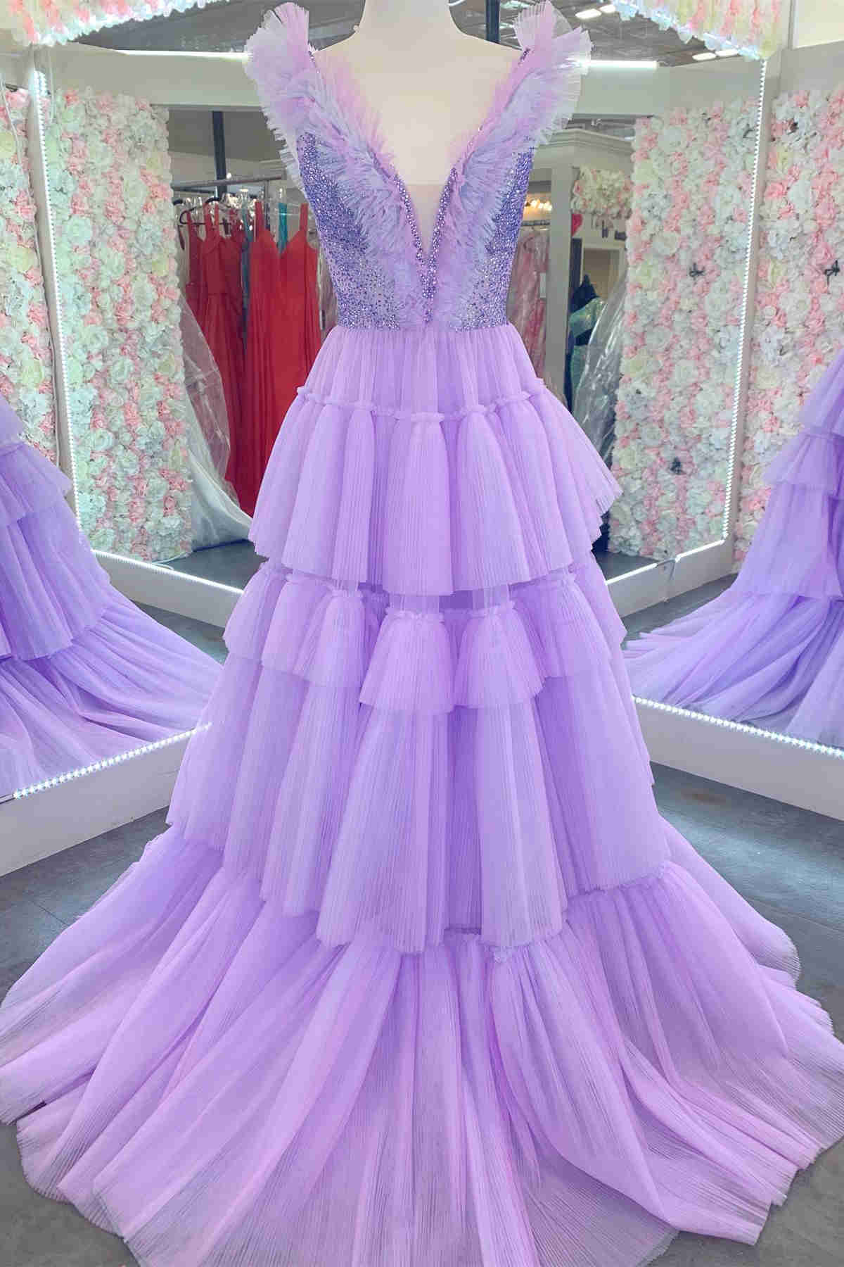 Sequin Top Lavender Ruched Tulle Long Formal Dress