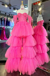Hot Cute Pink Off-Shoulder A-line Tulle Layers Appliqued Hi-Low Prom Dress
