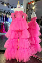 Hot Cute Pink Off-Shoulder A-line Tulle Layers Appliqued Hi-Low Prom Dress