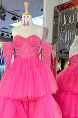 Hot Cute Pink Off-Shoulder A-line Tulle Layers Appliqued Hi-Low Prom Dress