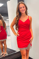Bodycorn V-Neck Pleated Homecoming Dress with Tassels