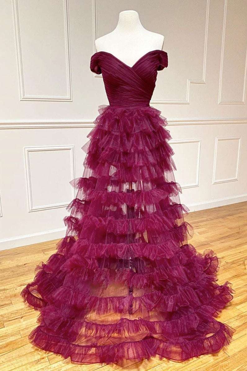 Off the Shoulder Dark Berry Pleated Sheer Ruched Prom Dress